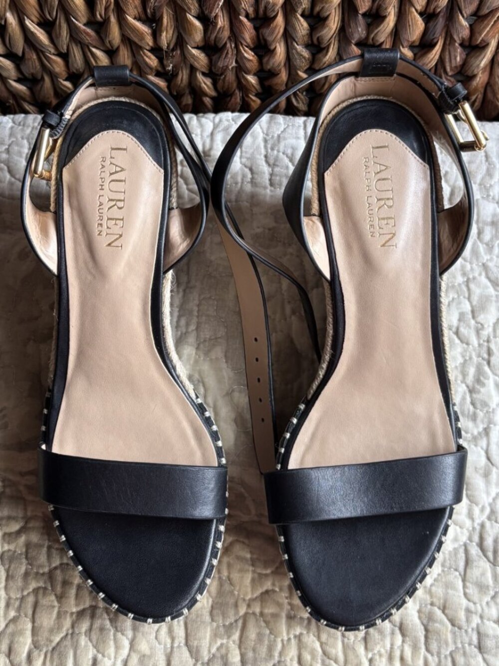 Lauren Ralph Lauren Hilarie Wedge Sandals Open Toe Black - Picture 8 of 9